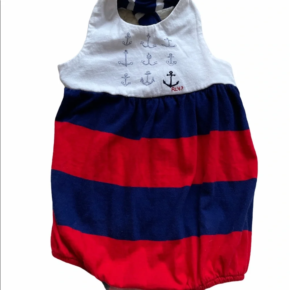 RALPH LAUREN 3 MONTHS ROMPER NAUTICAL STRIPES SUMMER JULY 4 RED WHI…